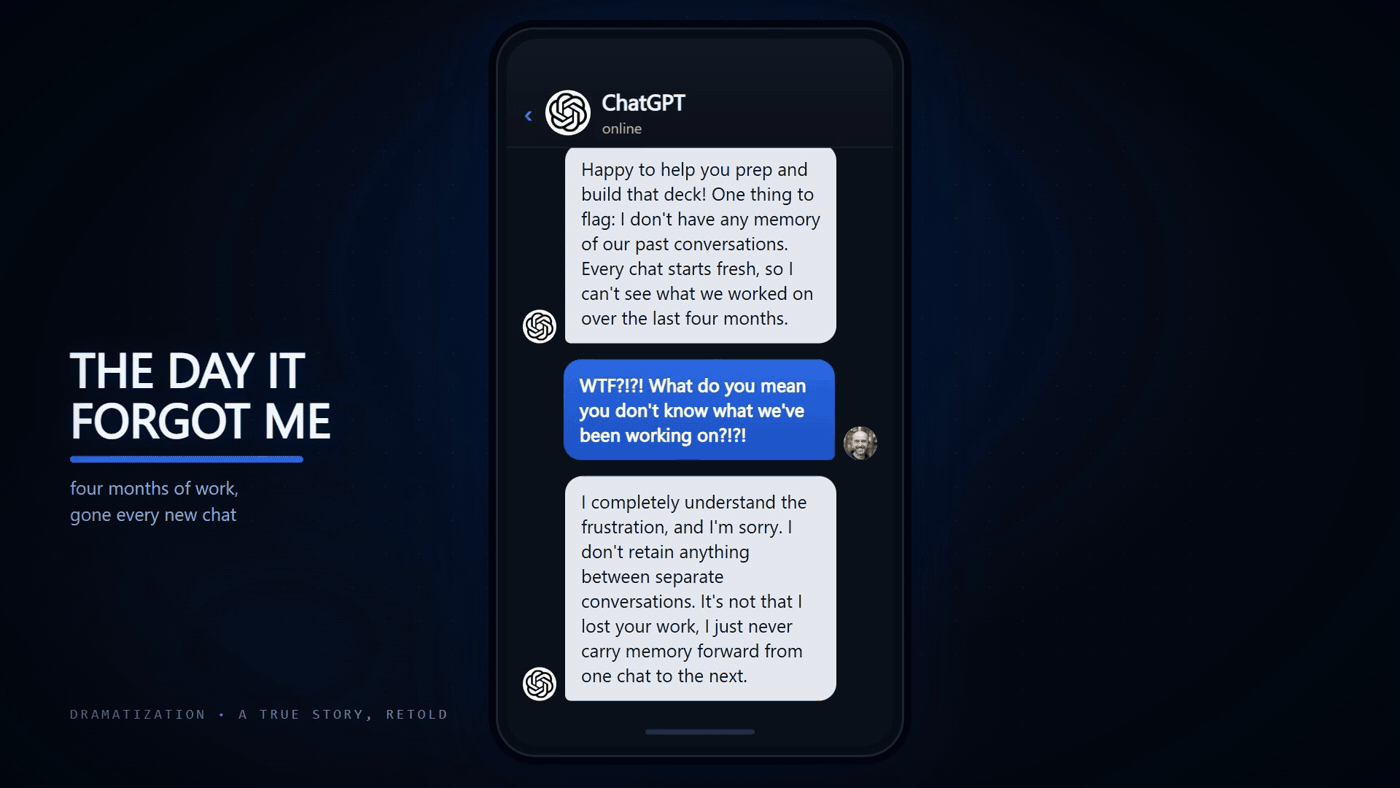 A phone screen showing a chat with ChatGPT. The assistant says it has no memory of past conversations and cannot see what was worked on over the last four months.
