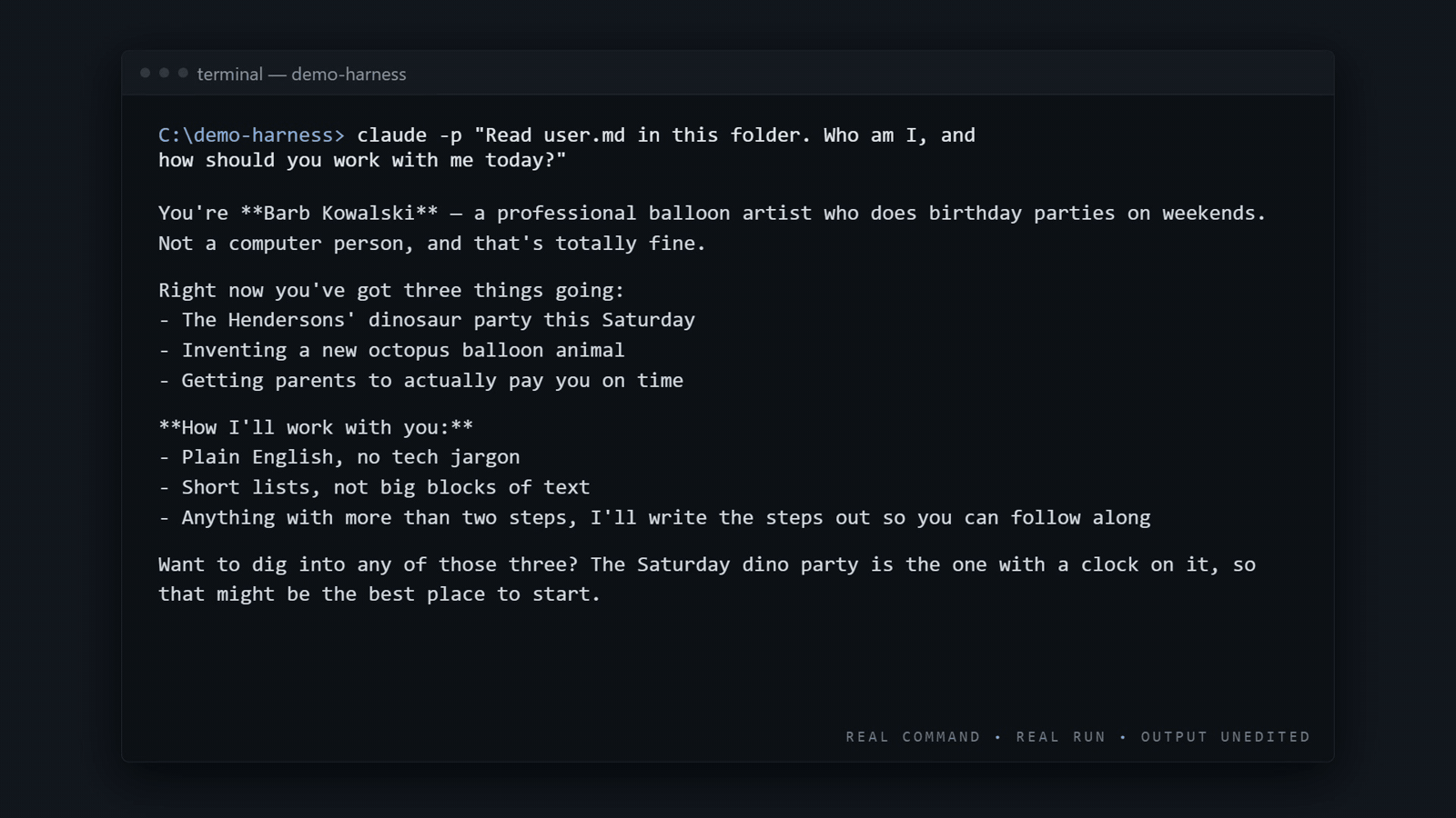 A terminal window. The command asks the agent to read user.md in this folder and say who I am and how it should work with me. The agent answers with the person's name, their three current projects, and how they prefer to be worked with.